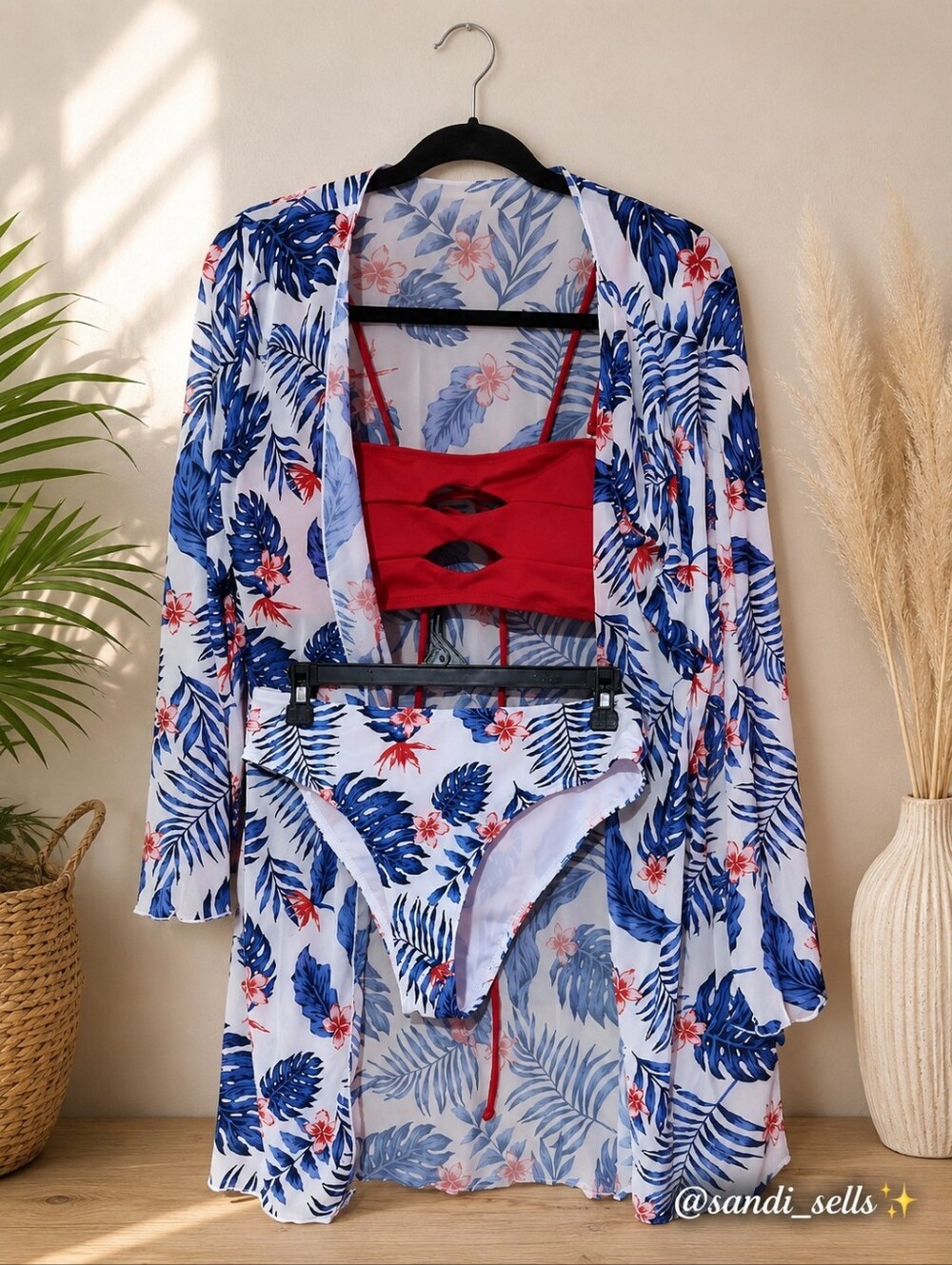 4 Piece Red Cutout Bikini Set with Floral Cover-Up And Two Bottoms - Picture 2 of 2